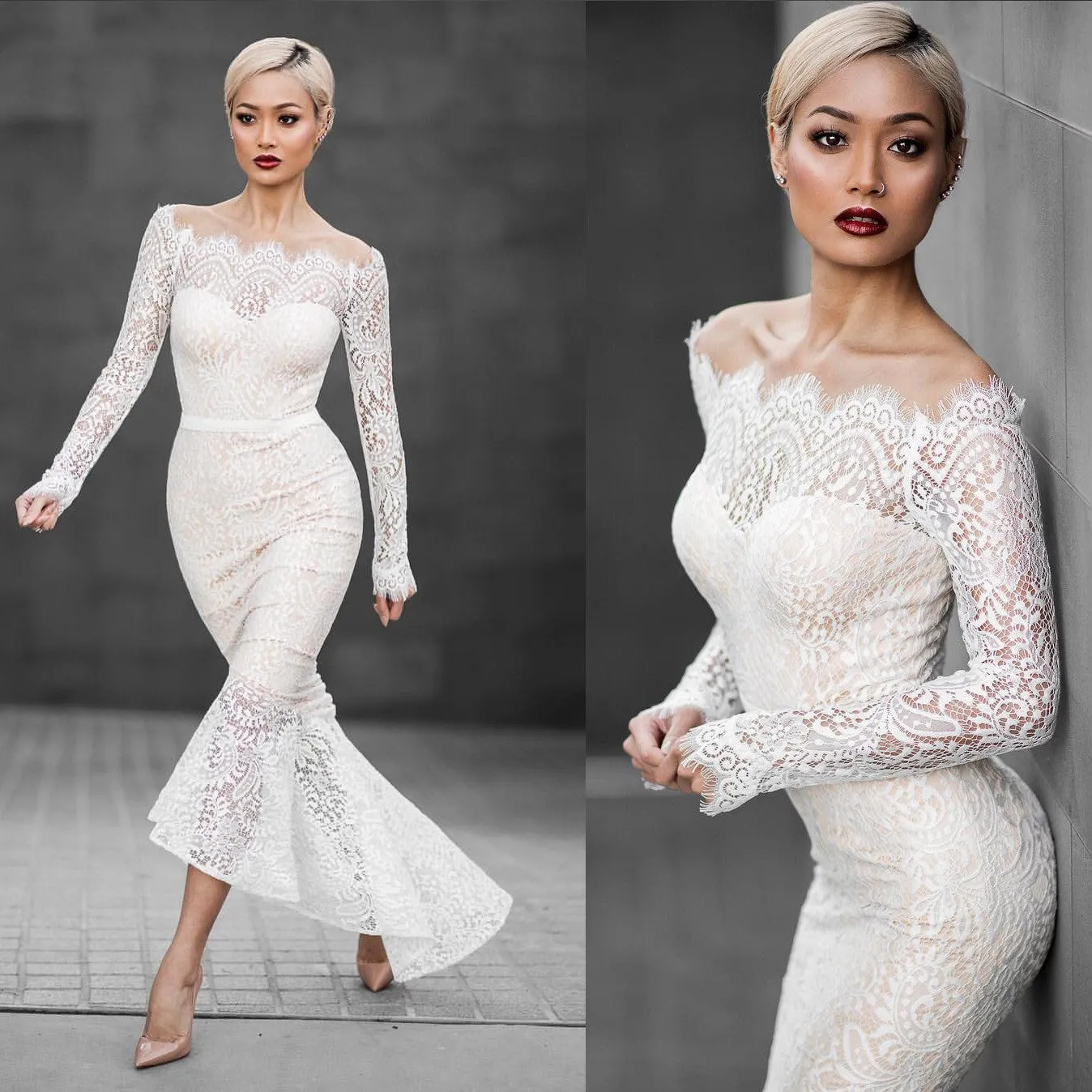 Beautiful White Off Shoulder Lace Mermaid Dress