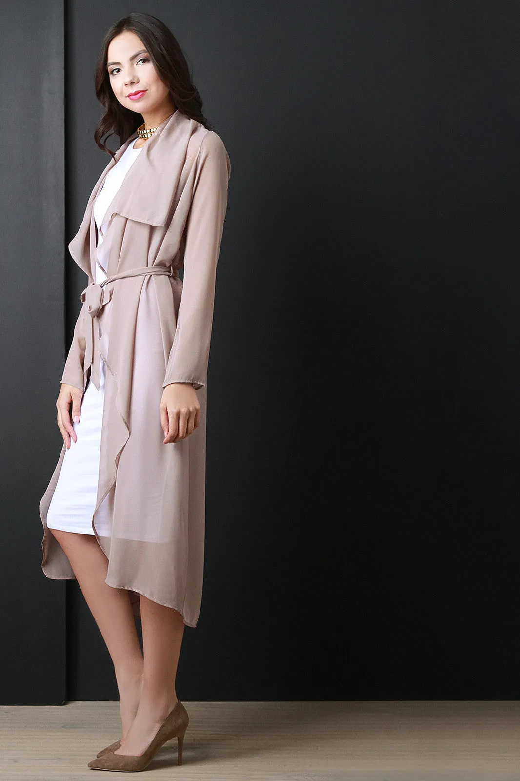 Belted Chiffon Draped Longline Cardigan Jacket