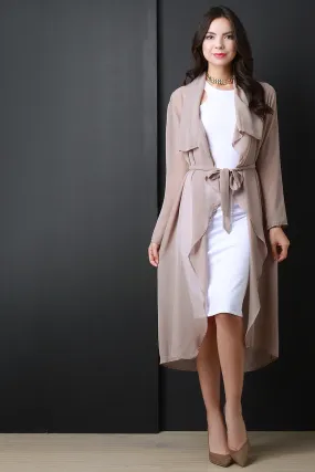 Belted Chiffon Draped Longline Cardigan Jacket