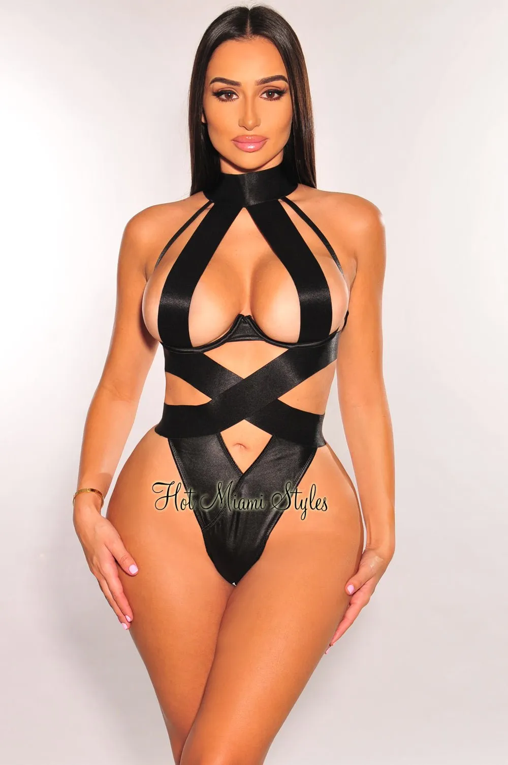 Black Mock Neck Underwire Strappy Cut Out High Cut Bodysuit Lingerie