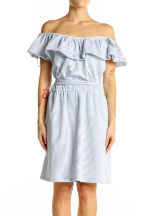 Blue Striped Off-Shoulder Ruffle Dress