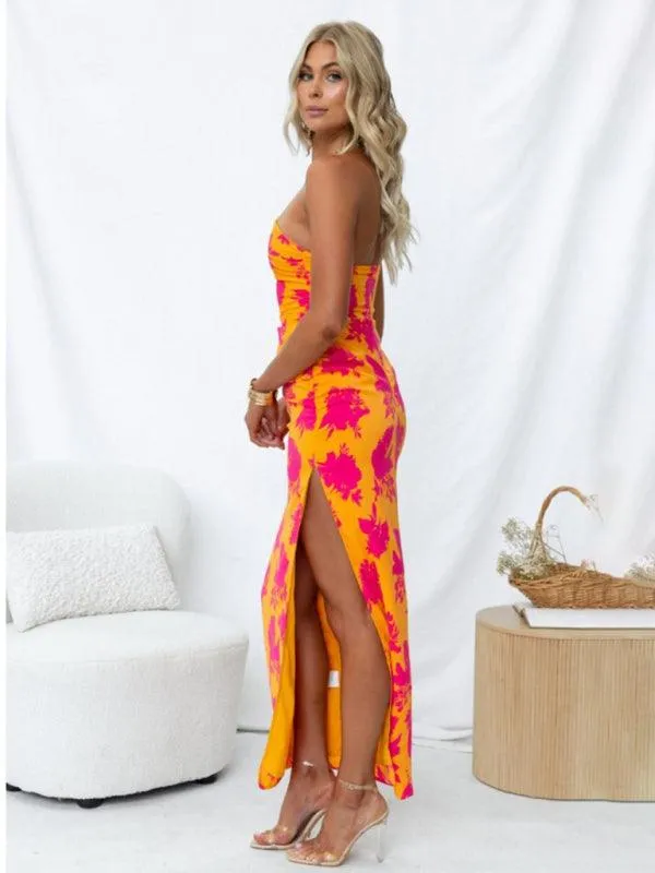 Bohemian Chic Backless Floral Maxi Dress with Slouchy Shoulders and Side Slits