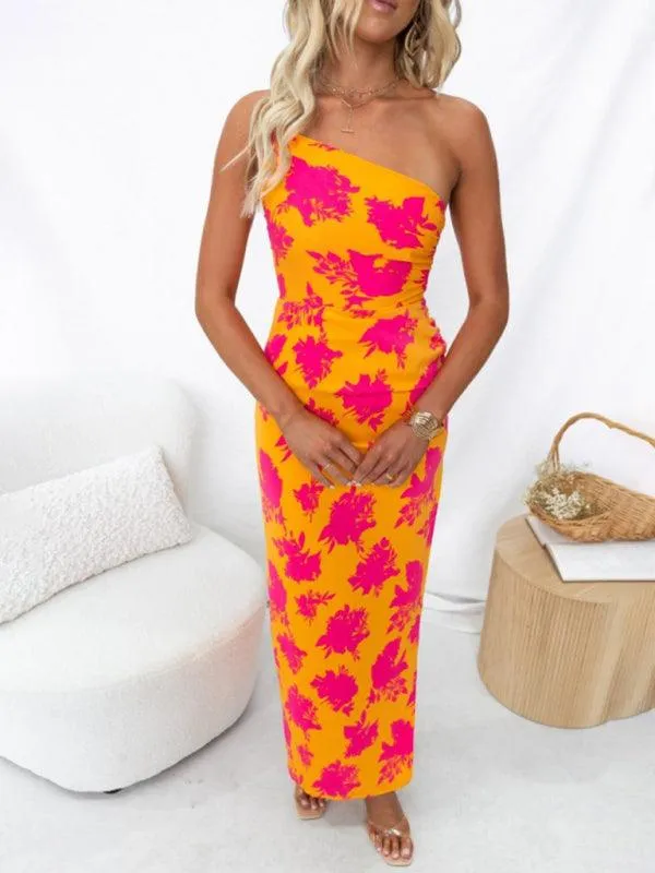 Bohemian Chic Backless Floral Maxi Dress with Slouchy Shoulders and Side Slits