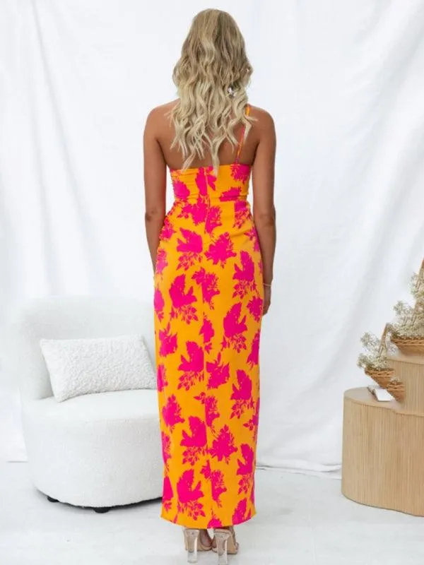 Bohemian Chic Backless Floral Maxi Dress with Slouchy Shoulders and Side Slits