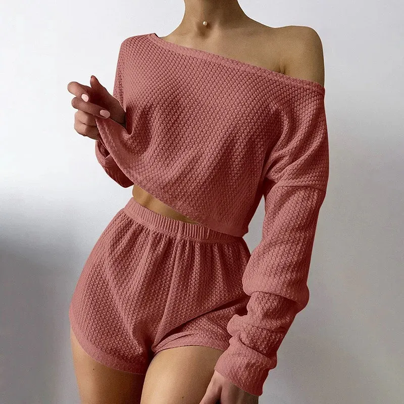 Breathable Waffle Knit Crop Top & Shorts Loungewear Set