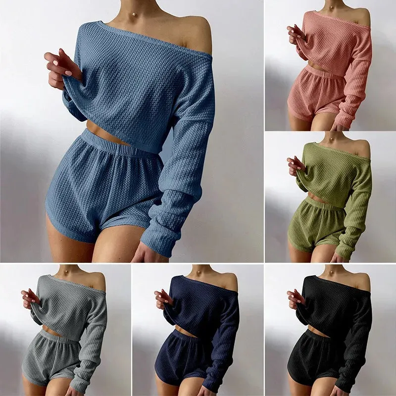 Breathable Waffle Knit Crop Top & Shorts Loungewear Set