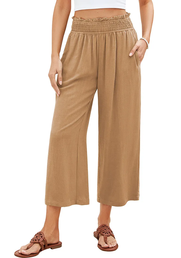 Dark Khaki Women's High Waisted Wide Leg Elastic Waist Linen Palazzo Pants Pull On Smock Waist Baggy Fit Trousers