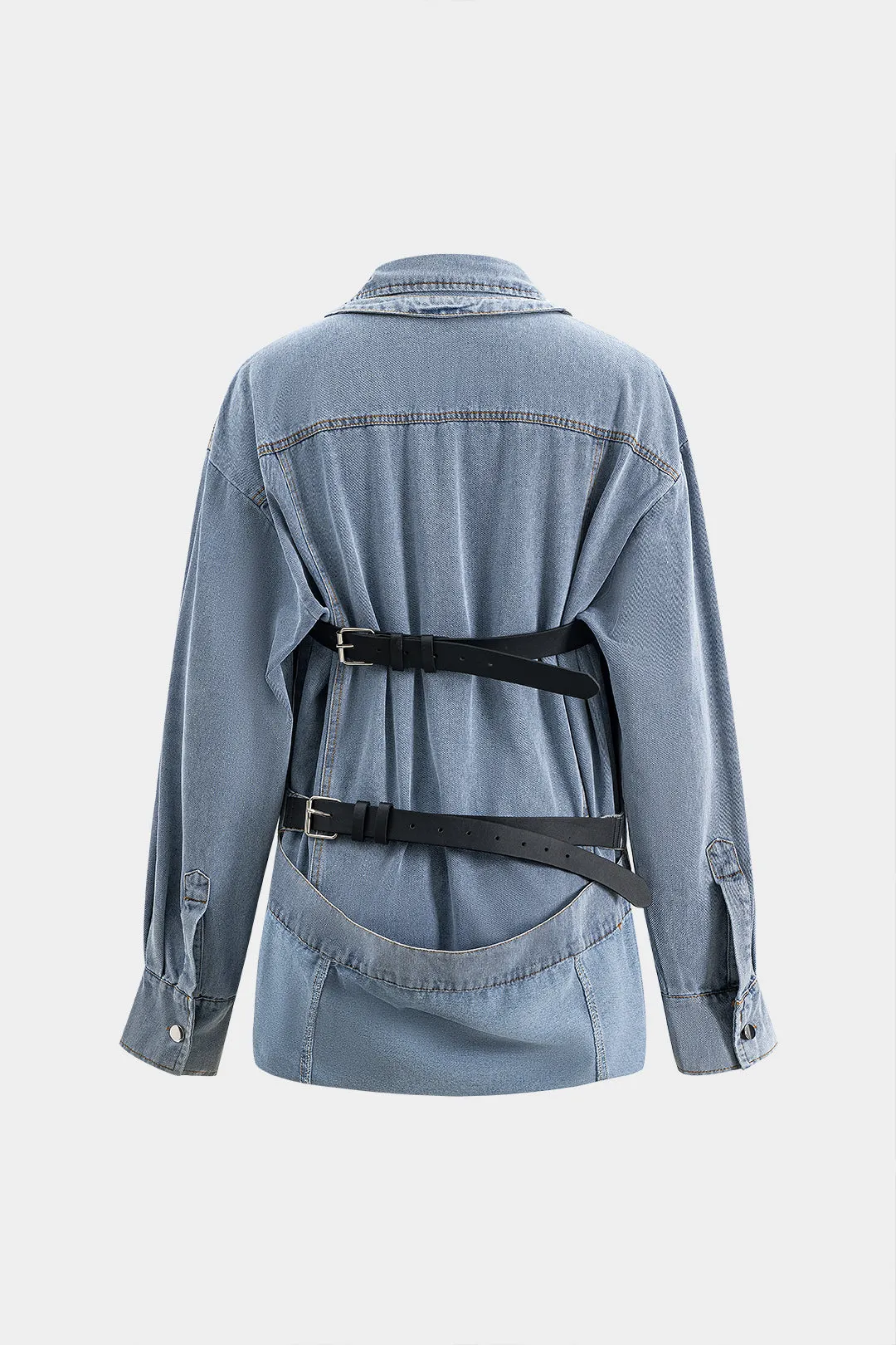 Denim Button Pocket Belted Outerwear