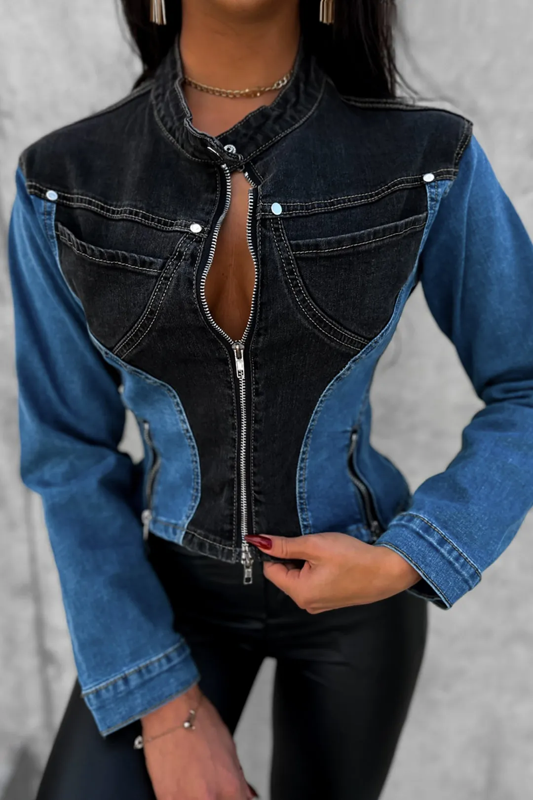 Denim Patchwork Pocket Zipper Outerwear