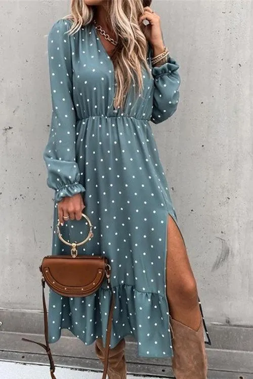 Dot Button Ruffels Slit Maxi Dress