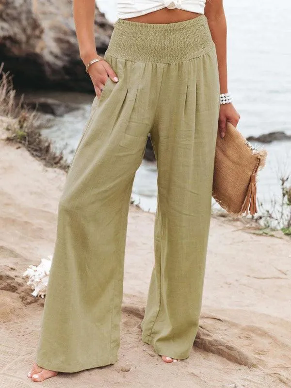 Elegant Ease: Women's Relaxed Wide-Leg Slub Cotton Trousers