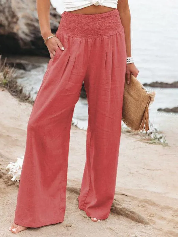 Elegant Ease: Women's Relaxed Wide-Leg Slub Cotton Trousers