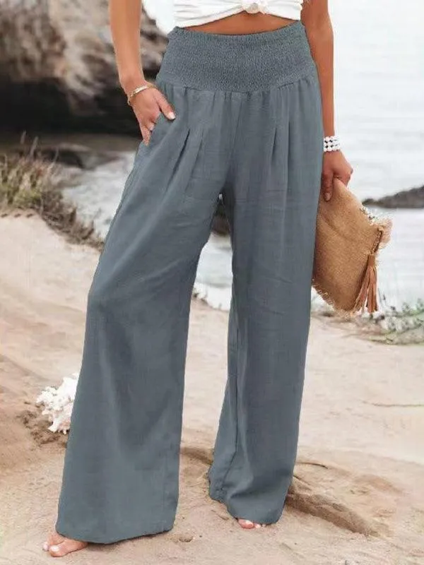 Elegant Ease: Women's Relaxed Wide-Leg Slub Cotton Trousers