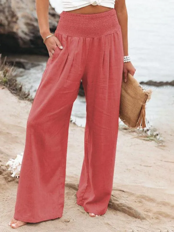 Elegant Ease: Women's Relaxed Wide-Leg Slub Cotton Trousers