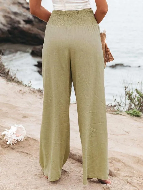 Elegant Ease: Women's Relaxed Wide-Leg Slub Cotton Trousers