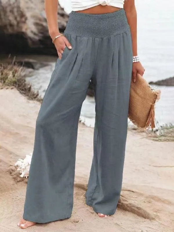 Elegant Ease: Women's Relaxed Wide-Leg Slub Cotton Trousers