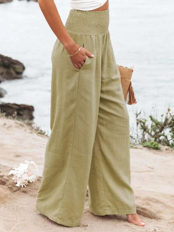 Elegant Ease: Women's Relaxed Wide-Leg Slub Cotton Trousers