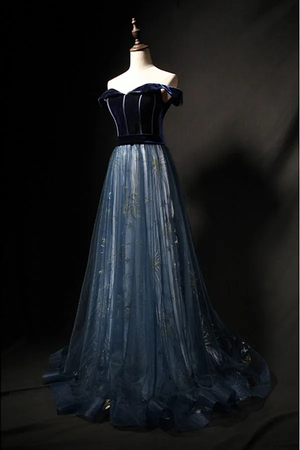 Elegant Off the Shoulder Velvet Floor Length Long Evening Dresses Prom Dresses