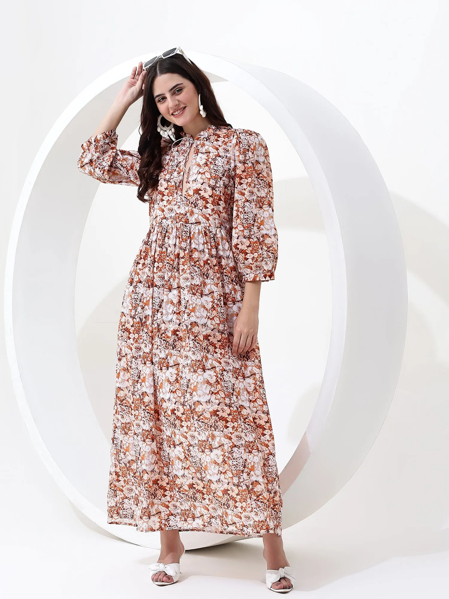 ELOISE Floral Long Sleeves with Elastic Cuff ~ Brown Maxi Dress