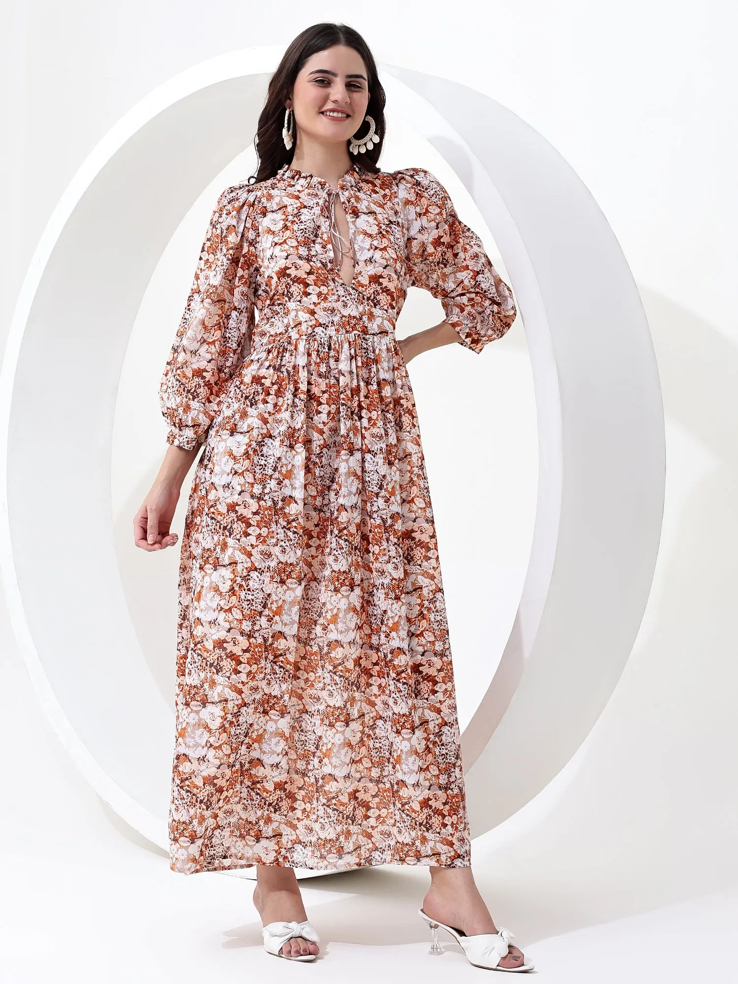 ELOISE Floral Long Sleeves with Elastic Cuff ~ Brown Maxi Dress