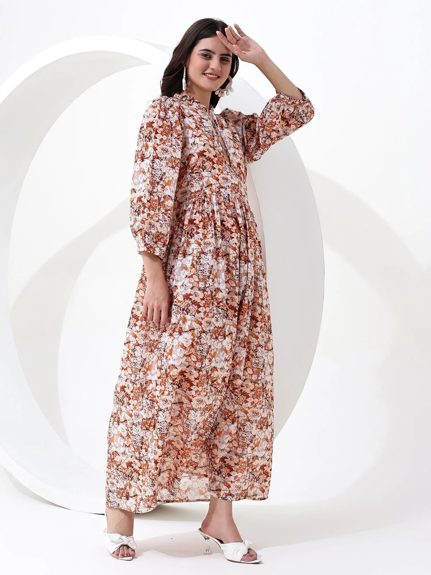 ELOISE Floral Long Sleeves with Elastic Cuff ~ Brown Maxi Dress