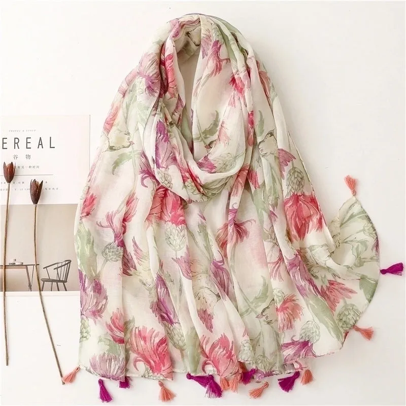 Fashion Scarf Red Flower Tassel Travel Beach Towel Shawl