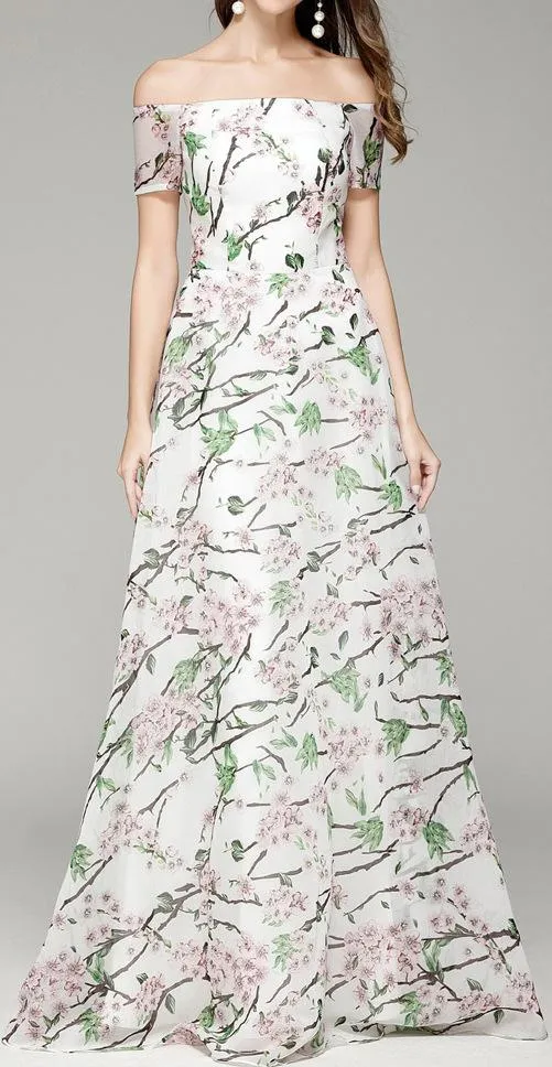 Floral-Print Off-the-Shoulder Gown