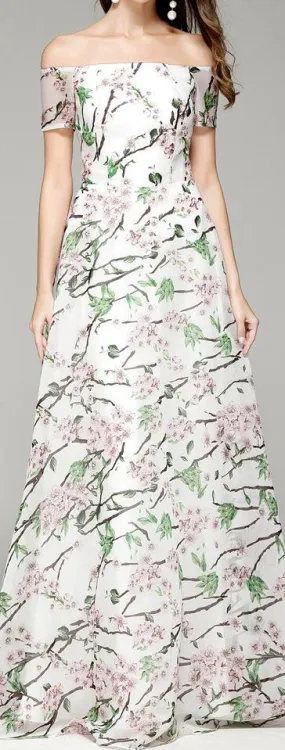 Floral-Print Off-the-Shoulder Gown