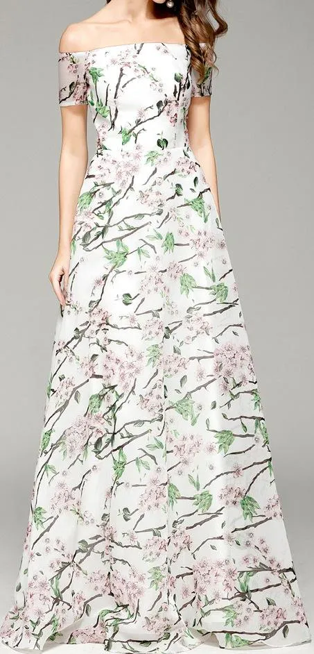 Floral-Print Off-the-Shoulder Gown