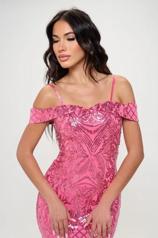 Fuchsia Off Shoulder Sequence Dress