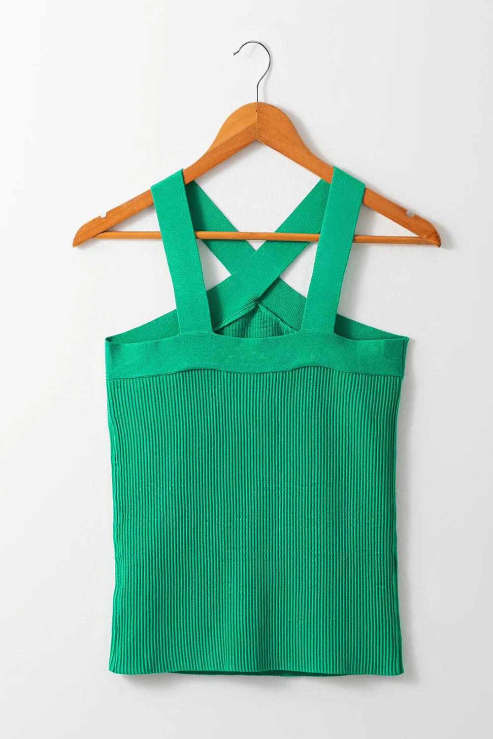 Green Ribbed Criss Cross Halter Neck Sheath Sweater Tank Top