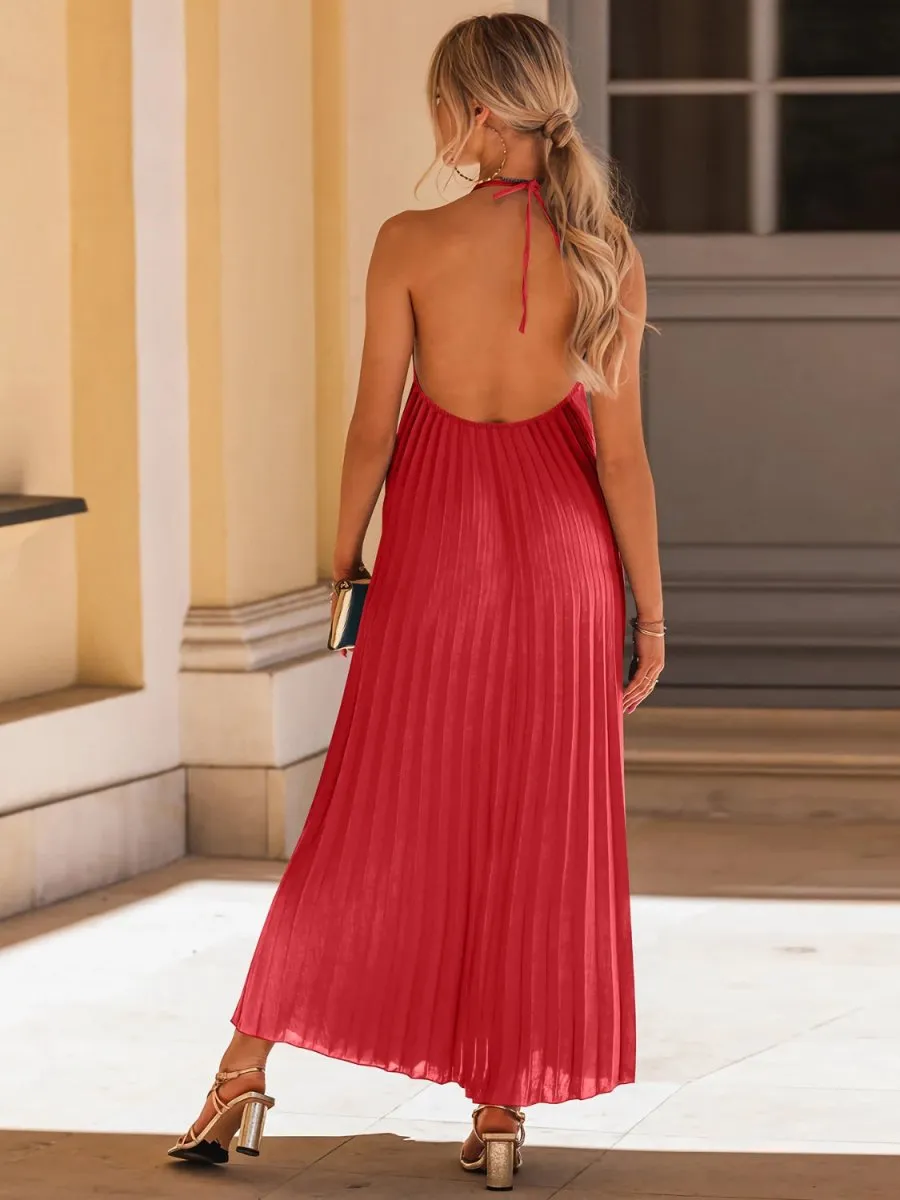 Halter Neck Maxi Dress in a Pleated Style