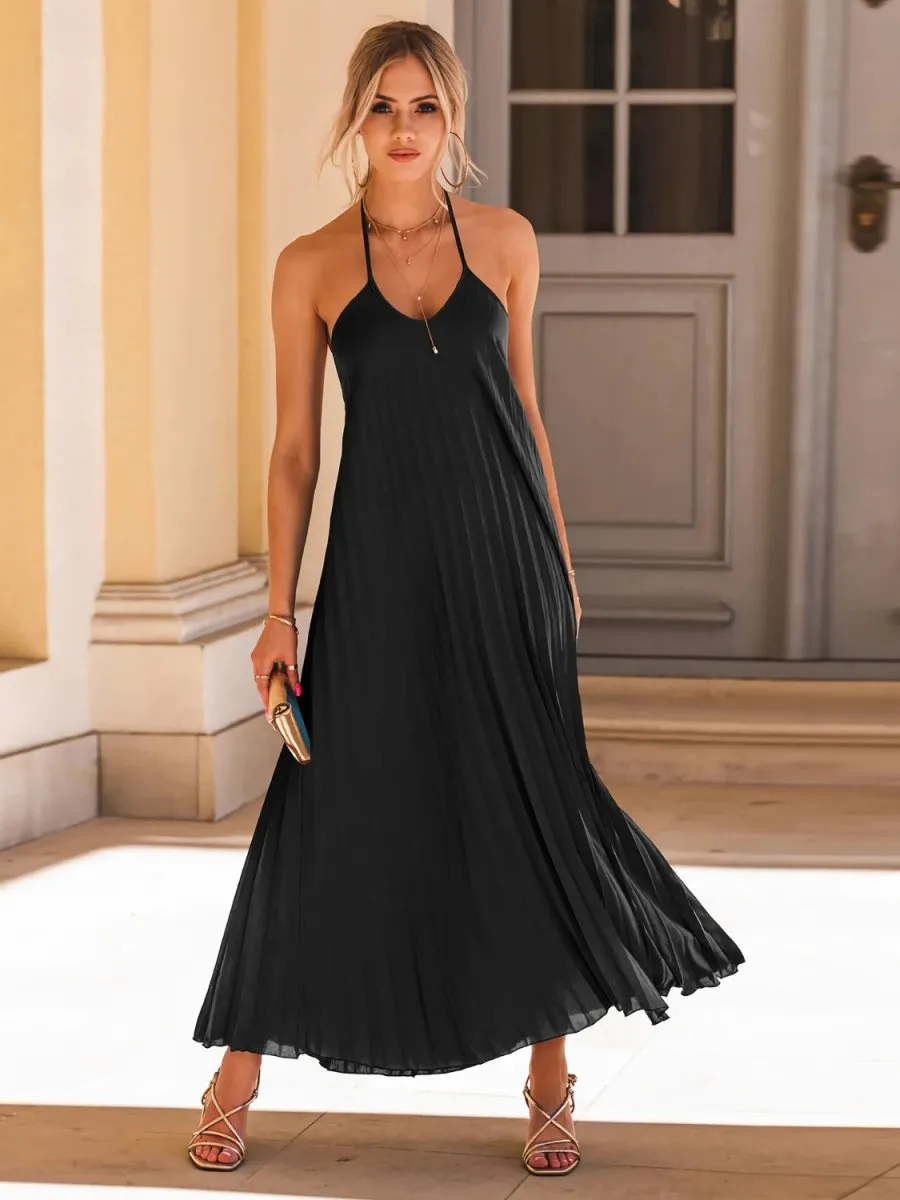 Halter Neck Maxi Dress in a Pleated Style