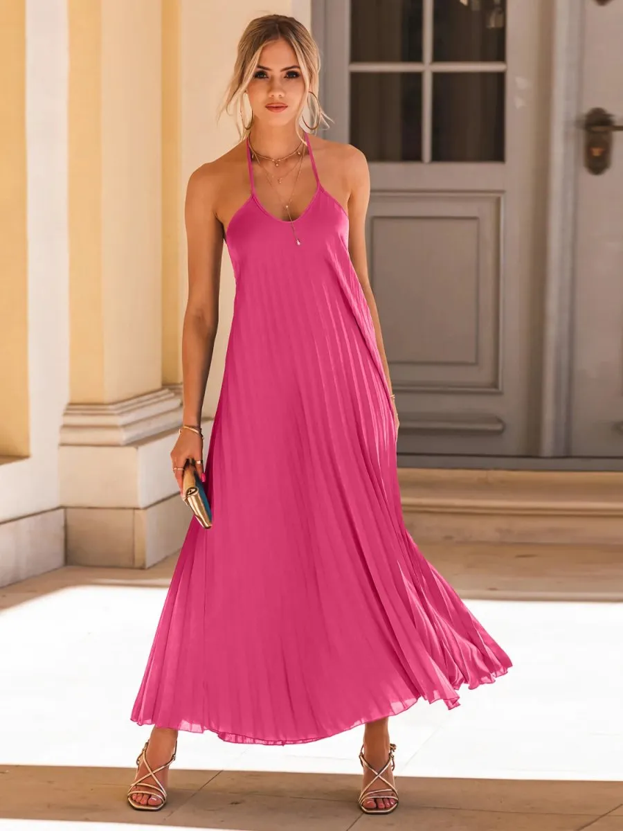 Halter Neck Maxi Dress in a Pleated Style