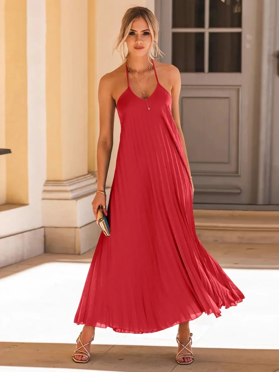 Halter Neck Maxi Dress in a Pleated Style