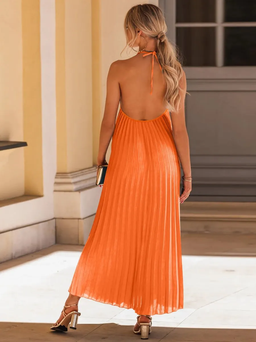 Halter Neck Maxi Dress in a Pleated Style