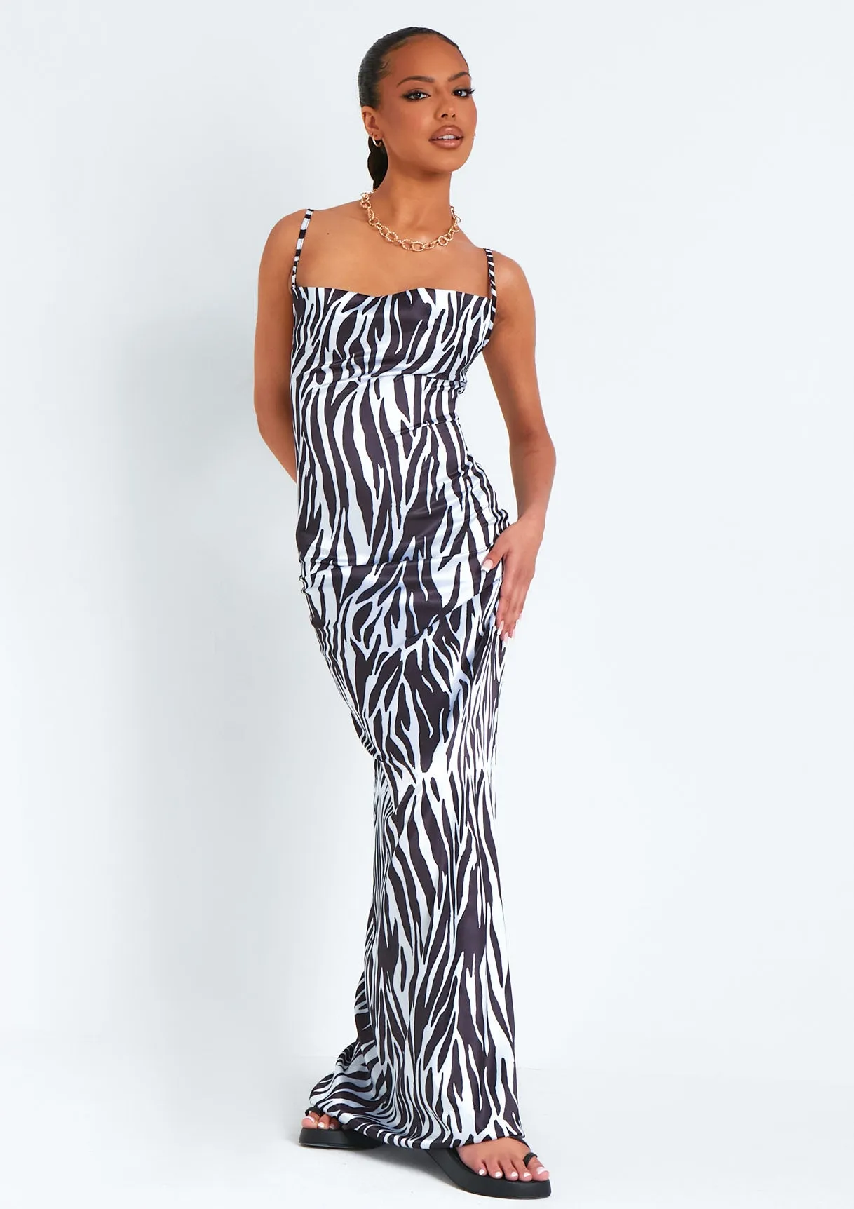 Hannah Zebra Print Satin Lace Up Back Maxi Dress