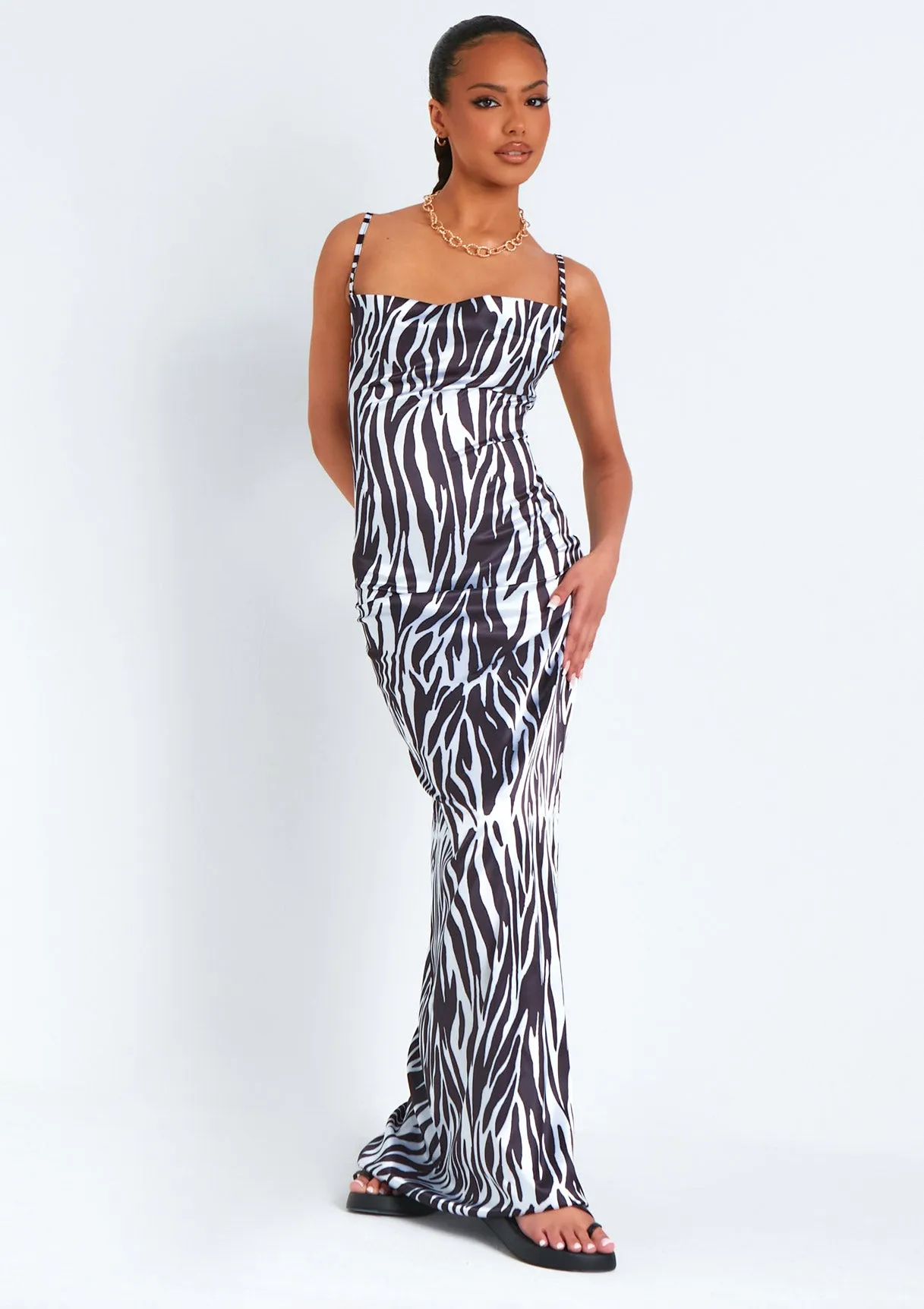 Hannah Zebra Print Satin Lace Up Back Maxi Dress