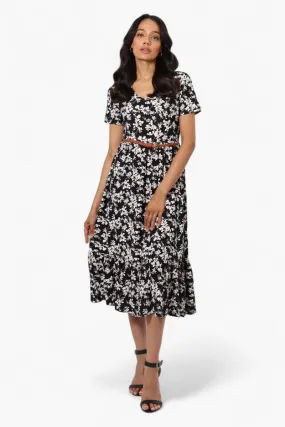 International INC Company Floral Belted Short Sleeve Maxi Dress - Black