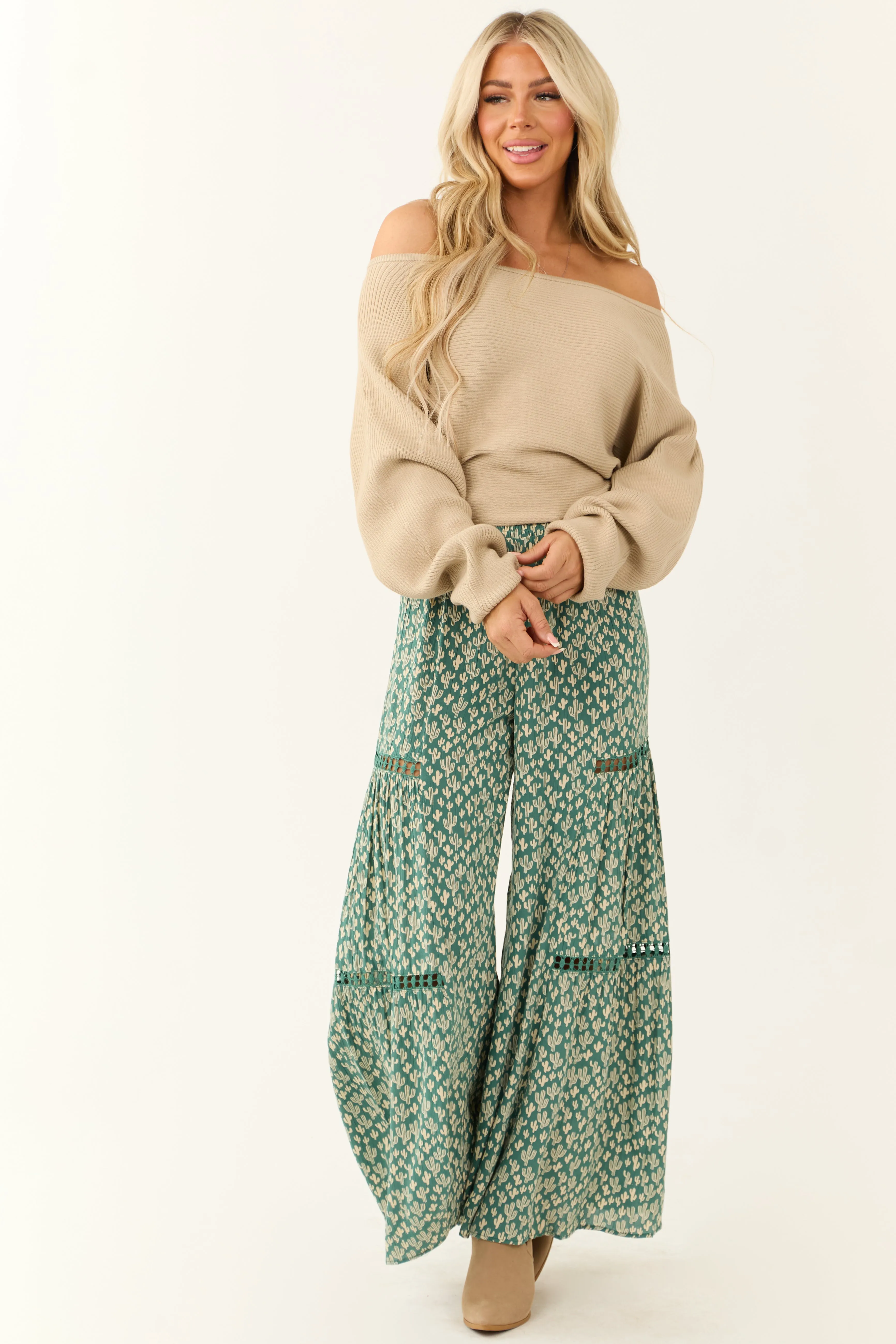 Juniper Cactus Print Smocked Waist Flowy Pants