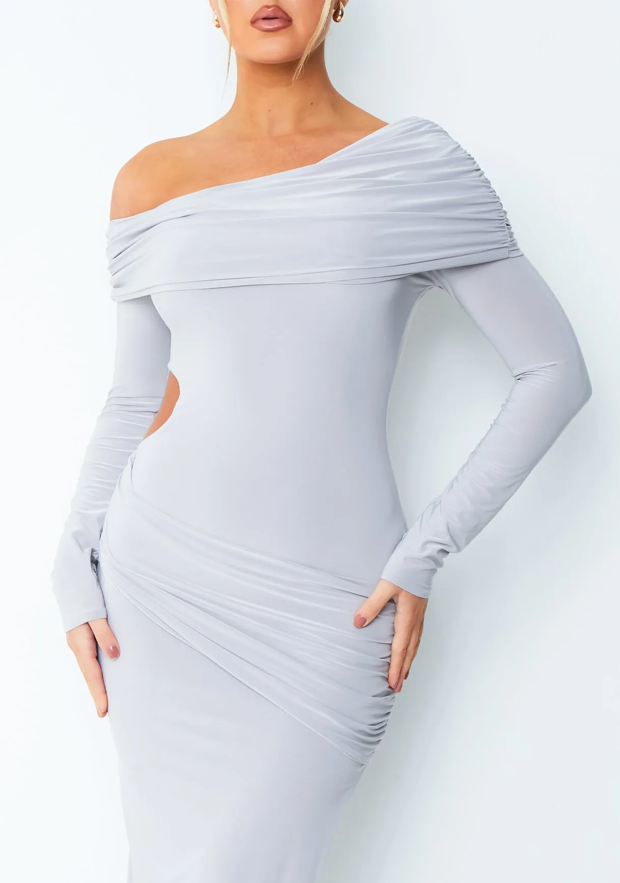 Kate Grey Off The Shoulder Fold Over Cut Out Maxi Dress