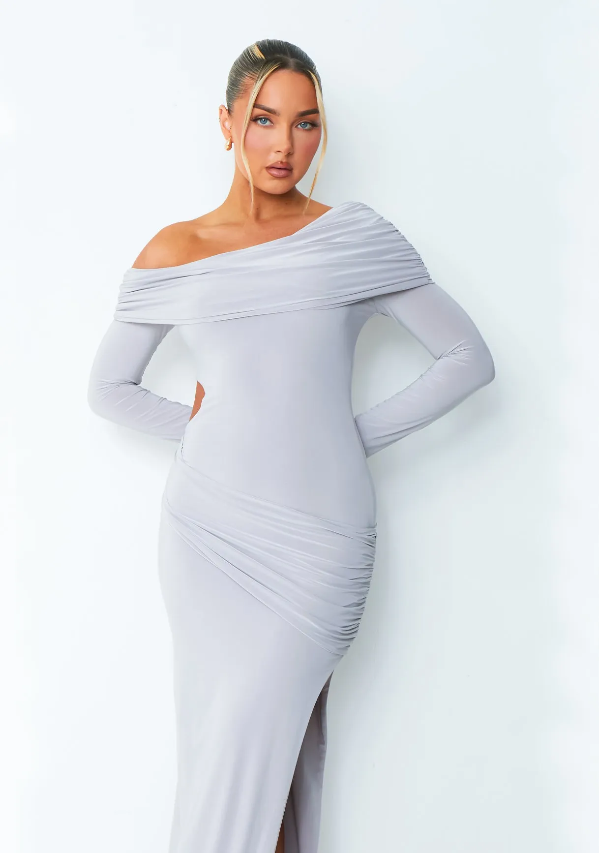 Kate Grey Off The Shoulder Fold Over Cut Out Maxi Dress