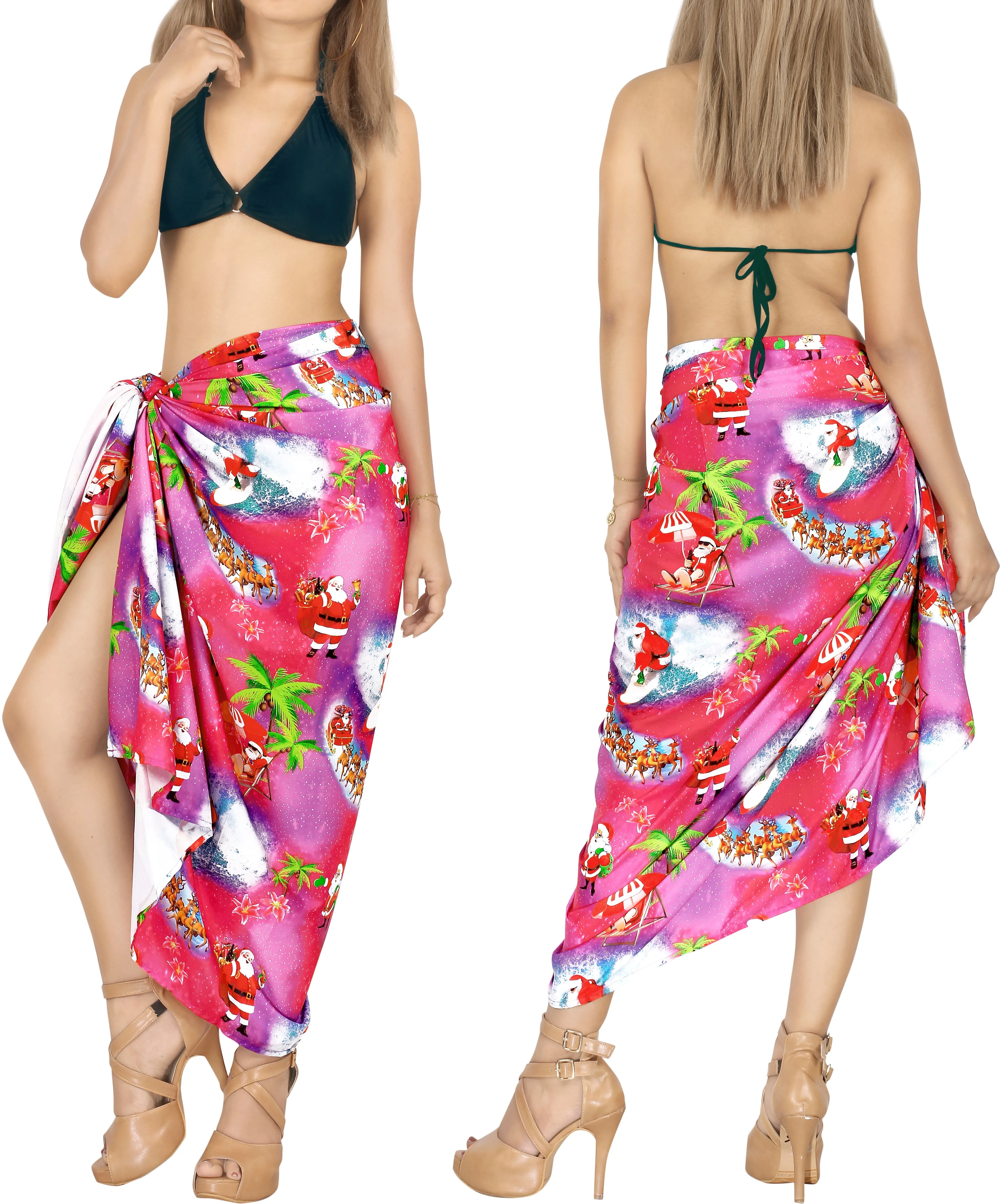 LA LEELA Santa Claus Christmas Sarong Beach wear Cover Up 78"X42" Pink_X520