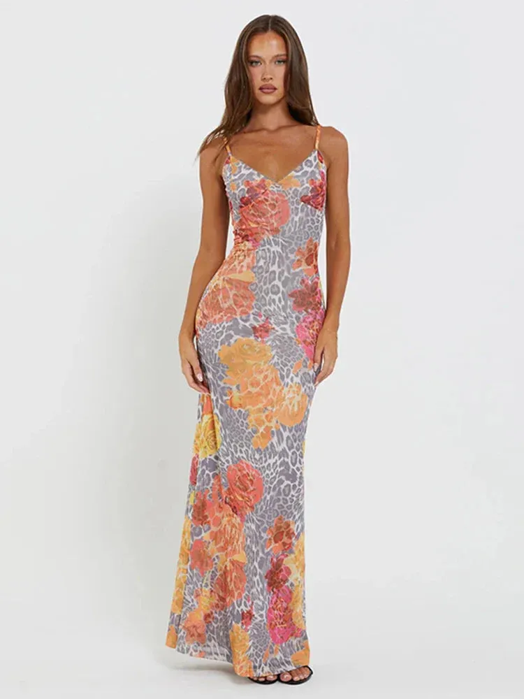 Leopard Print Slim Bodycon Spaghetti Strap Backless Long Spring Summer Maxi Dress