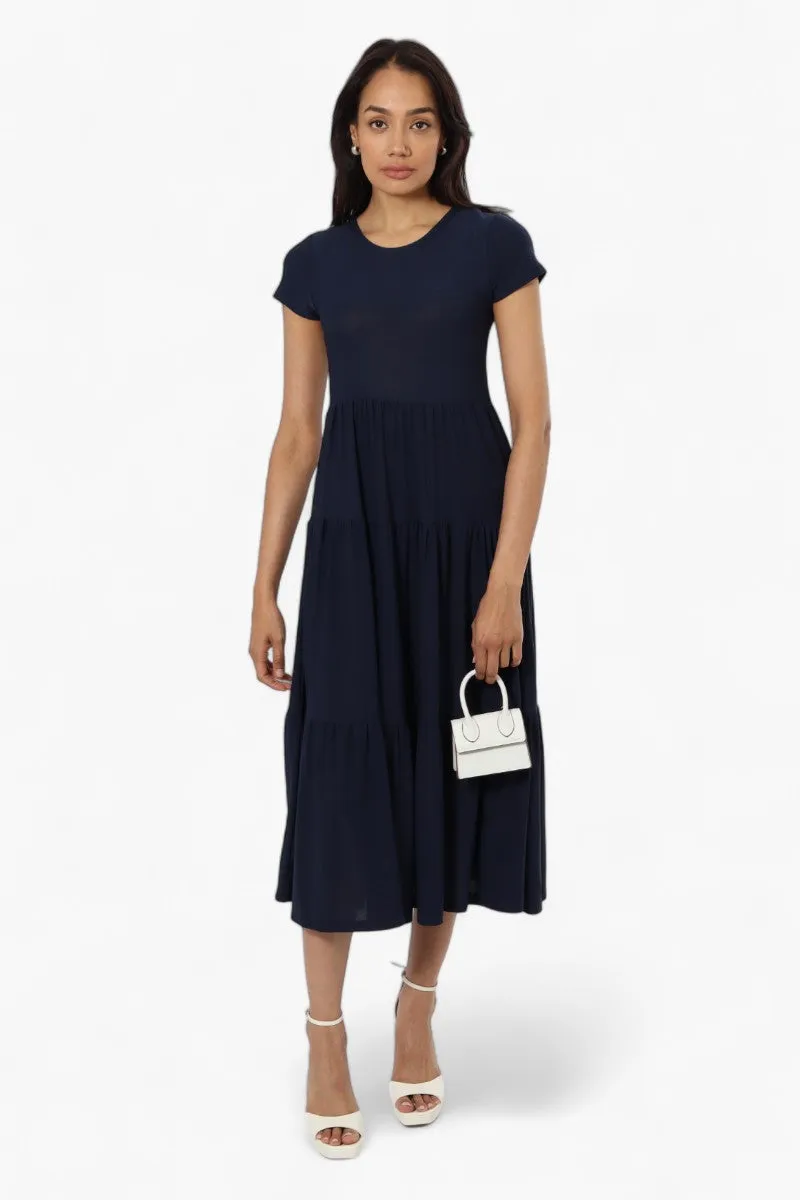 Majora Solid Cap Sleeve Tiered Maxi Dress - Navy