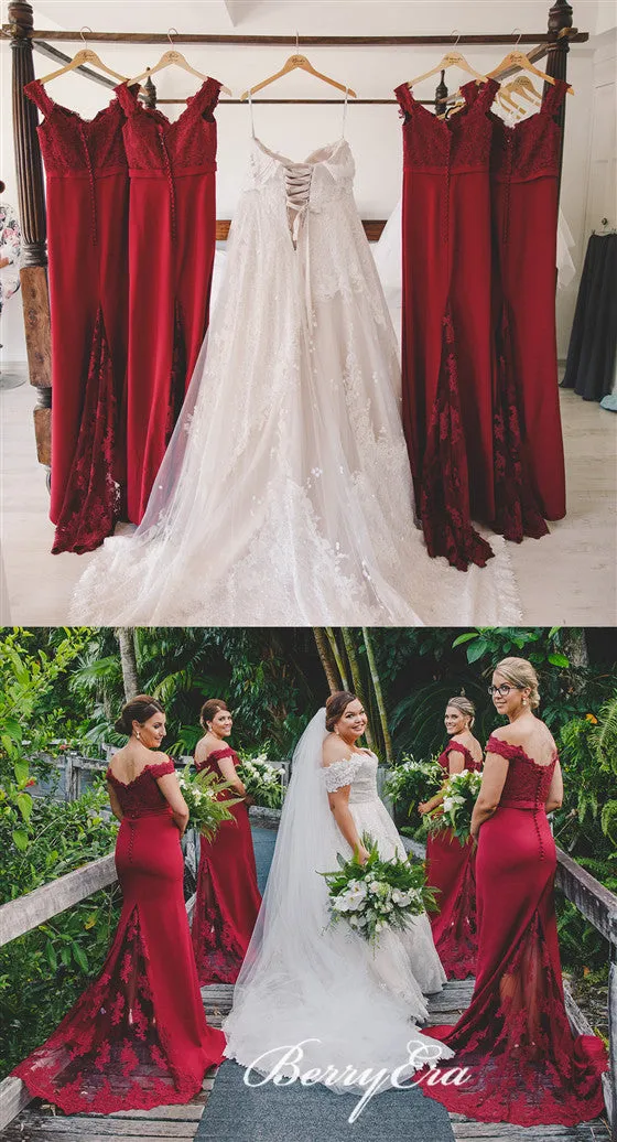 Off Shoulder Burgundy Lace Mermaid Long Bridesmaid Dresses