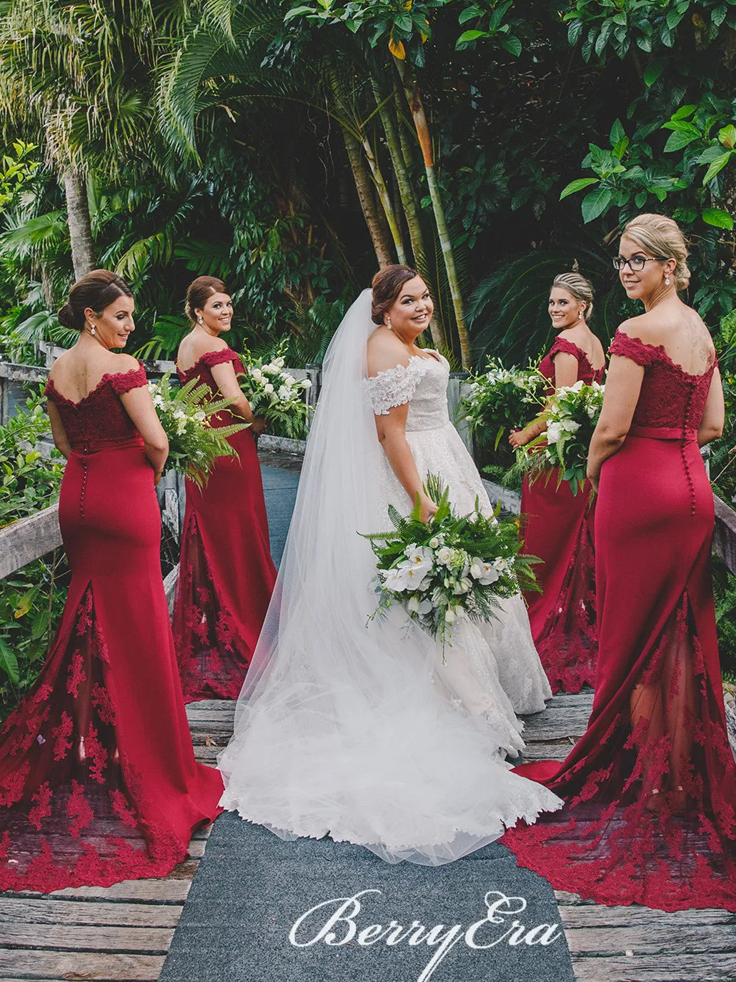 Off Shoulder Burgundy Lace Mermaid Long Bridesmaid Dresses