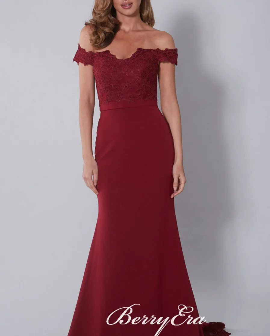 Off Shoulder Burgundy Lace Mermaid Long Bridesmaid Dresses