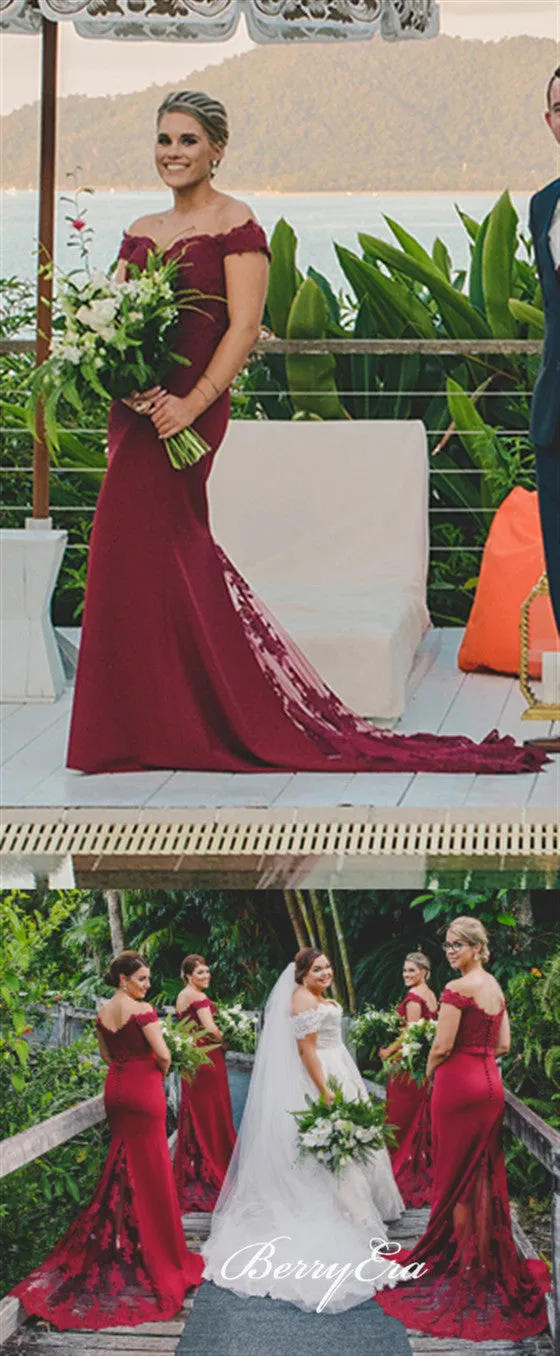 Off Shoulder Burgundy Lace Mermaid Long Bridesmaid Dresses