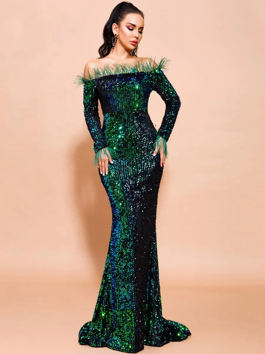 Off The Shoulder Feather Sequin Evening Dress FT19005